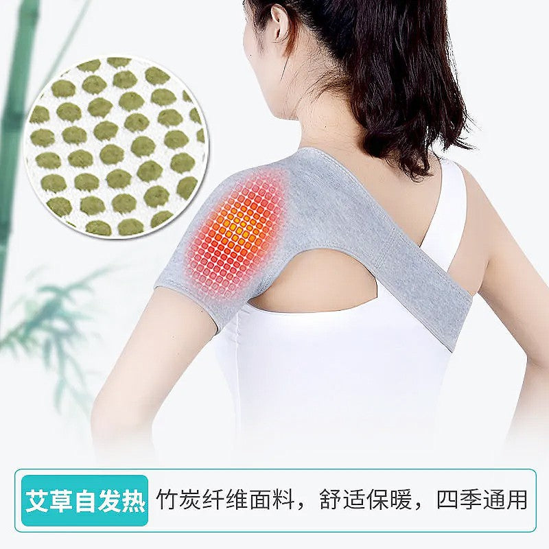 Close-up view of breathable knit shoulder support brace with cross-back structure