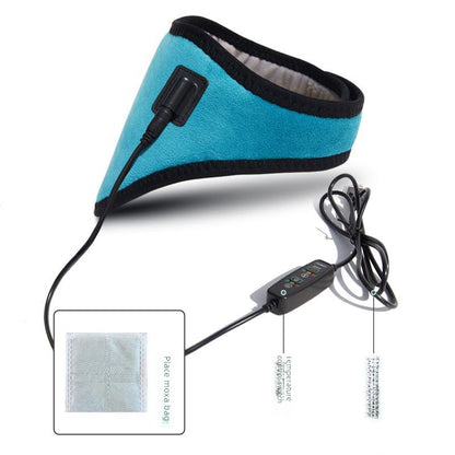 Heated neck support wrap with cord and inline temperature controller on white background