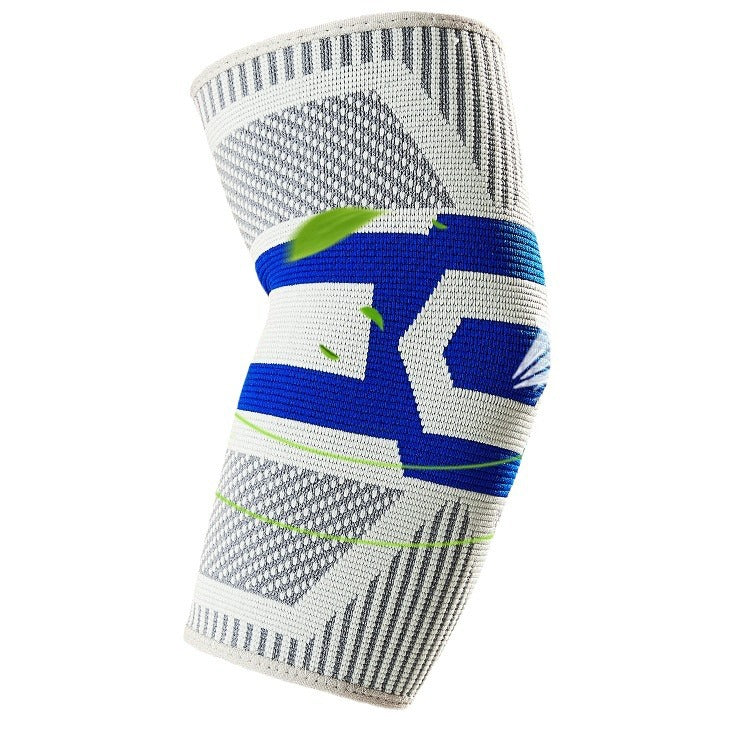Gray and blue elastic elbow support sleeve with breathable knit texture on a white background