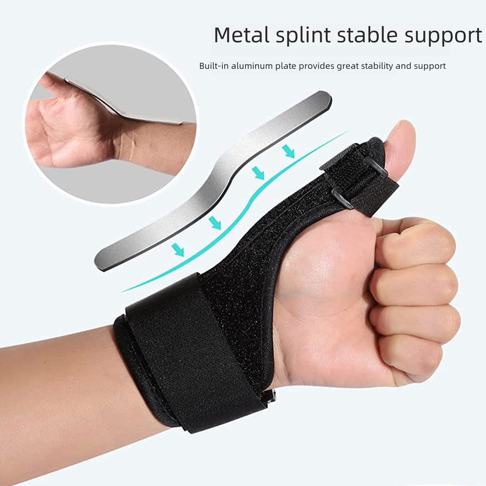 Black breathable thumb wrist brace with adjustable hook-and-loop strap details
