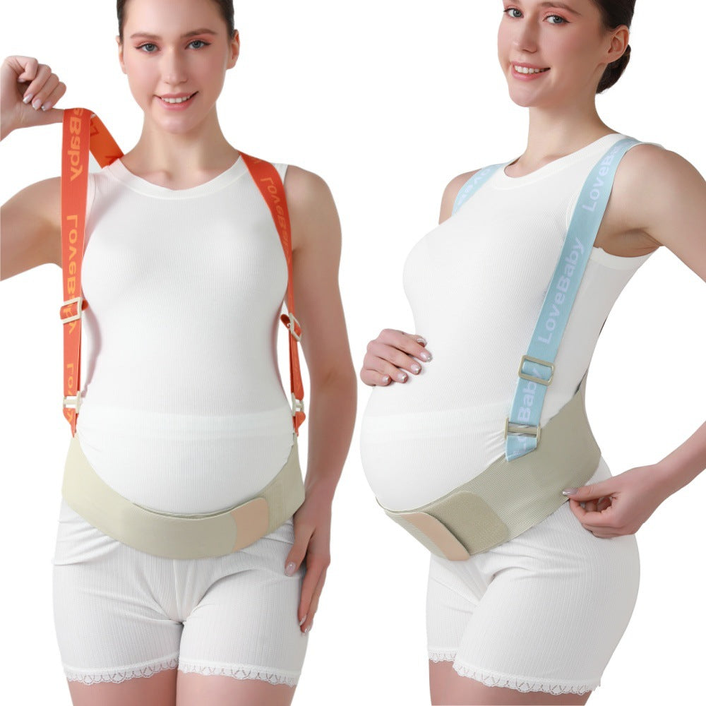 Maternity support belt in blue and orange shown from front and side views