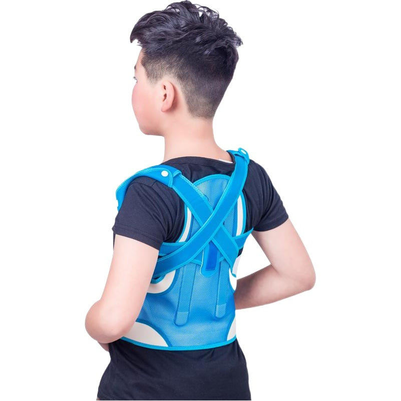 Front view of adjustable sky blue posture support brace with cross-back straps