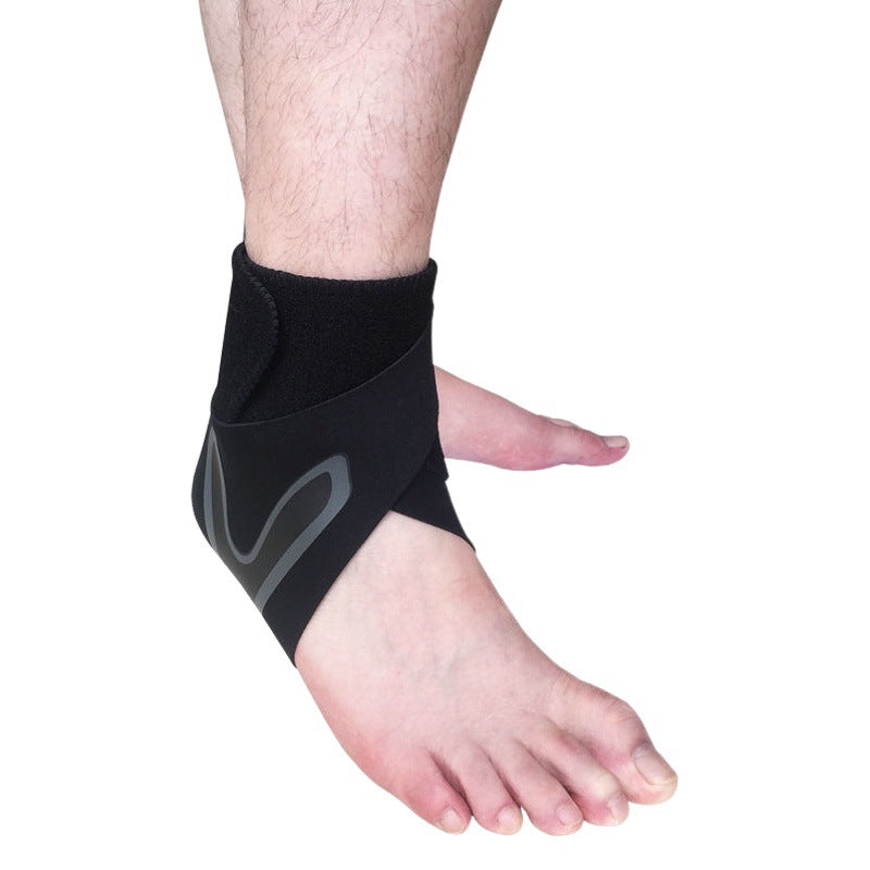 Pink striped ankle brace with wrap straps worn on foot