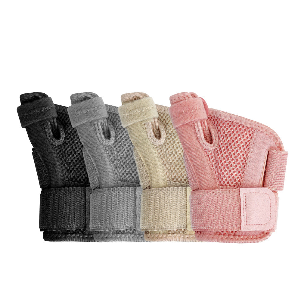 Breathable thumb wrist brace support in multiple colors on a white background