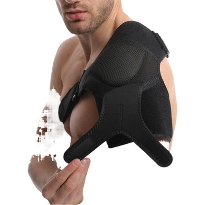 Black adjustable shoulder support brace worn on shoulder and upper arm