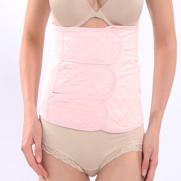 Pink postpartum abdominal support belt worn front view