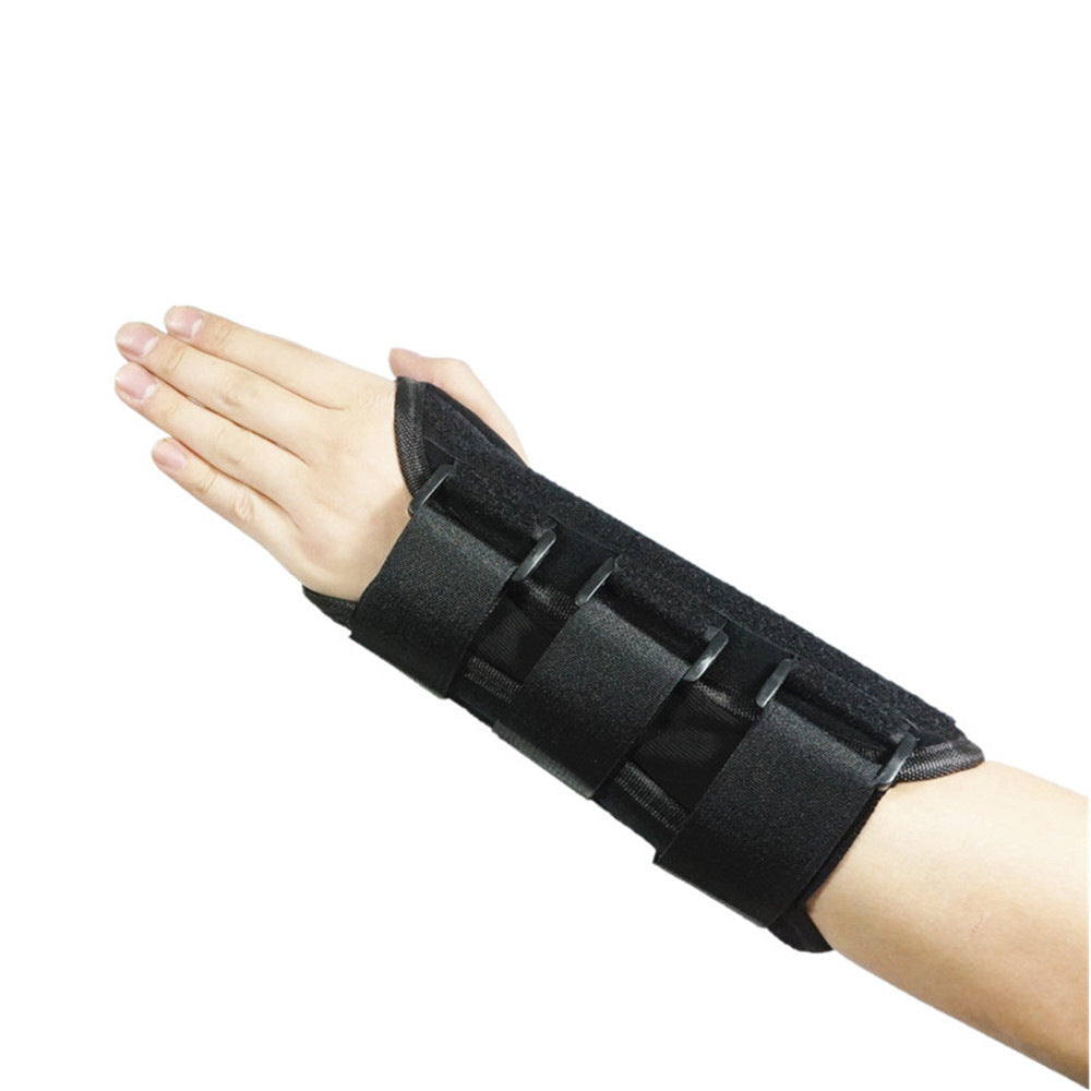 Black forearm-length thumb wrist brace worn on hand
