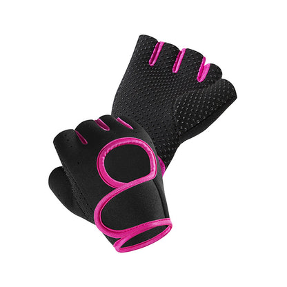 Rose red fingerless workout gloves with padded palm on a white background