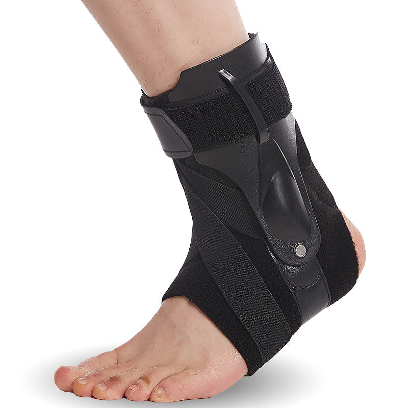 Black ankle support brace with wraparound straps on foot