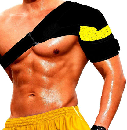 Adult wearing adjustable shoulder brace for supportive everyday fit