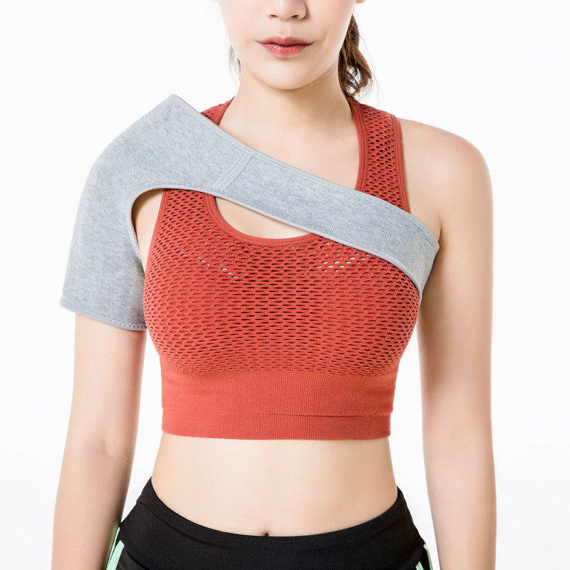 Close-up of knit shoulder support strap showing soft texture and shoulder wrap shape