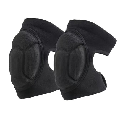 Pair of black padded elbow braces on a white background