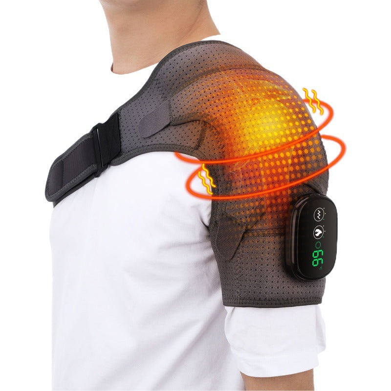 Shoulder brace feature overview showing controller, breathable fabric, and rechargeable design