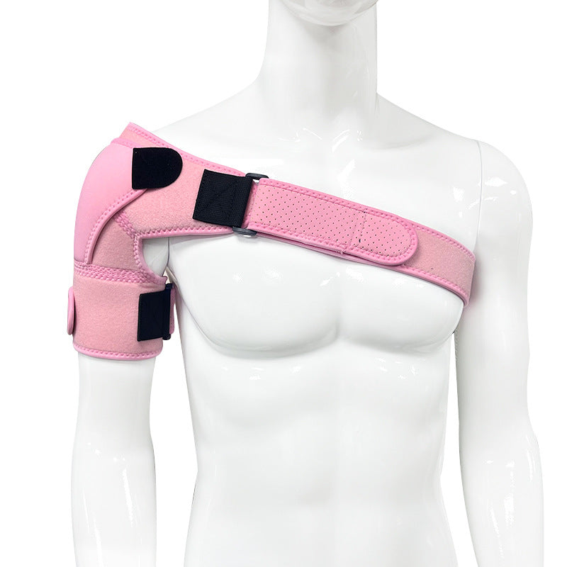 Pink shoulder support brace showing wrap-around fit on mannequin