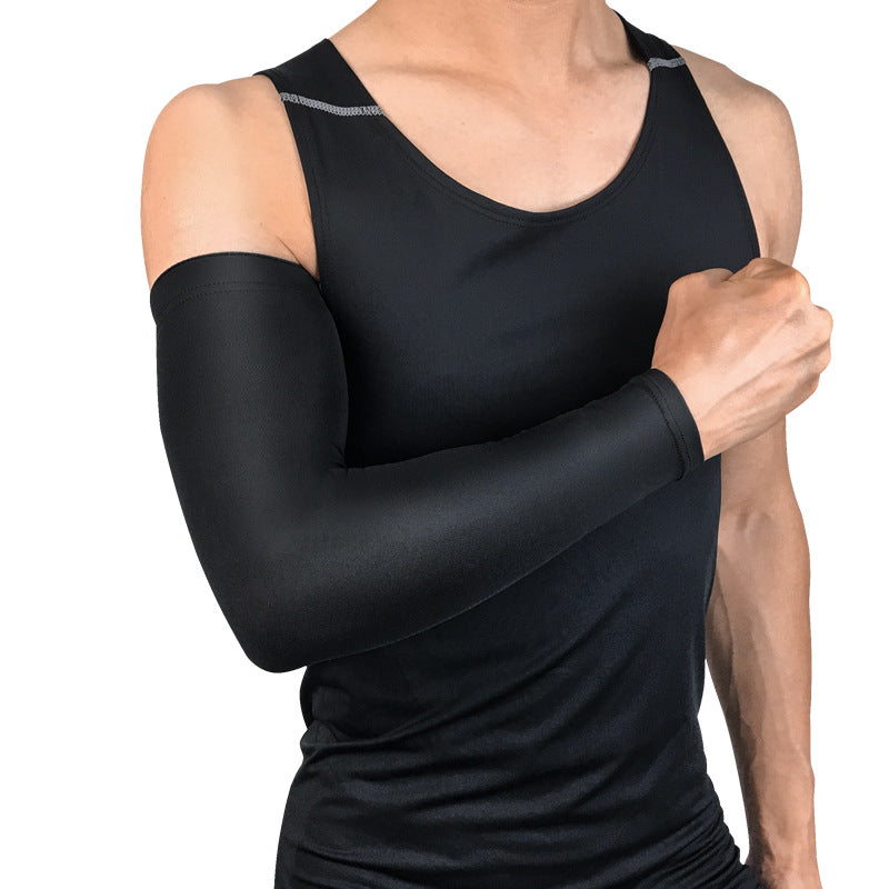 Side view of black elbow compression sleeve showing slim fit and arm coverage