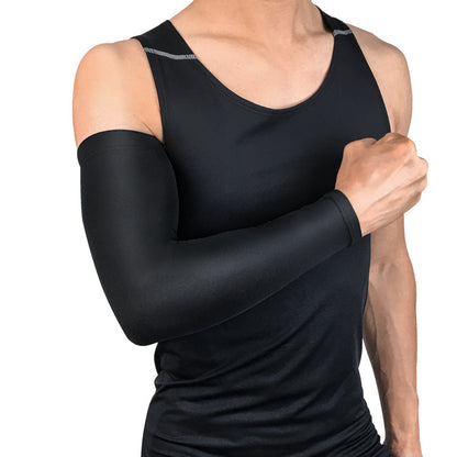 Side view of black elbow compression sleeve showing slim fit and arm coverage