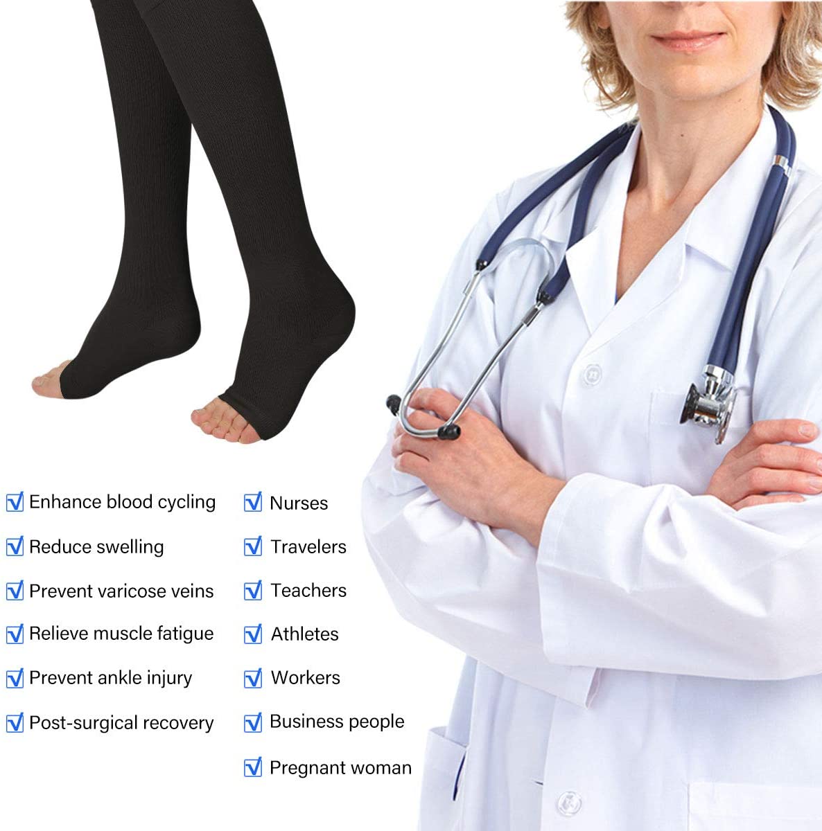 Compression Socks, Open Toe 20-30 mmHg Graduated Compression Stockings for Men Women, Knee High Compression Sleeves for DVT, Maternity, Pregnancy, Varicose Veins, Relief Shin Splints, Edema