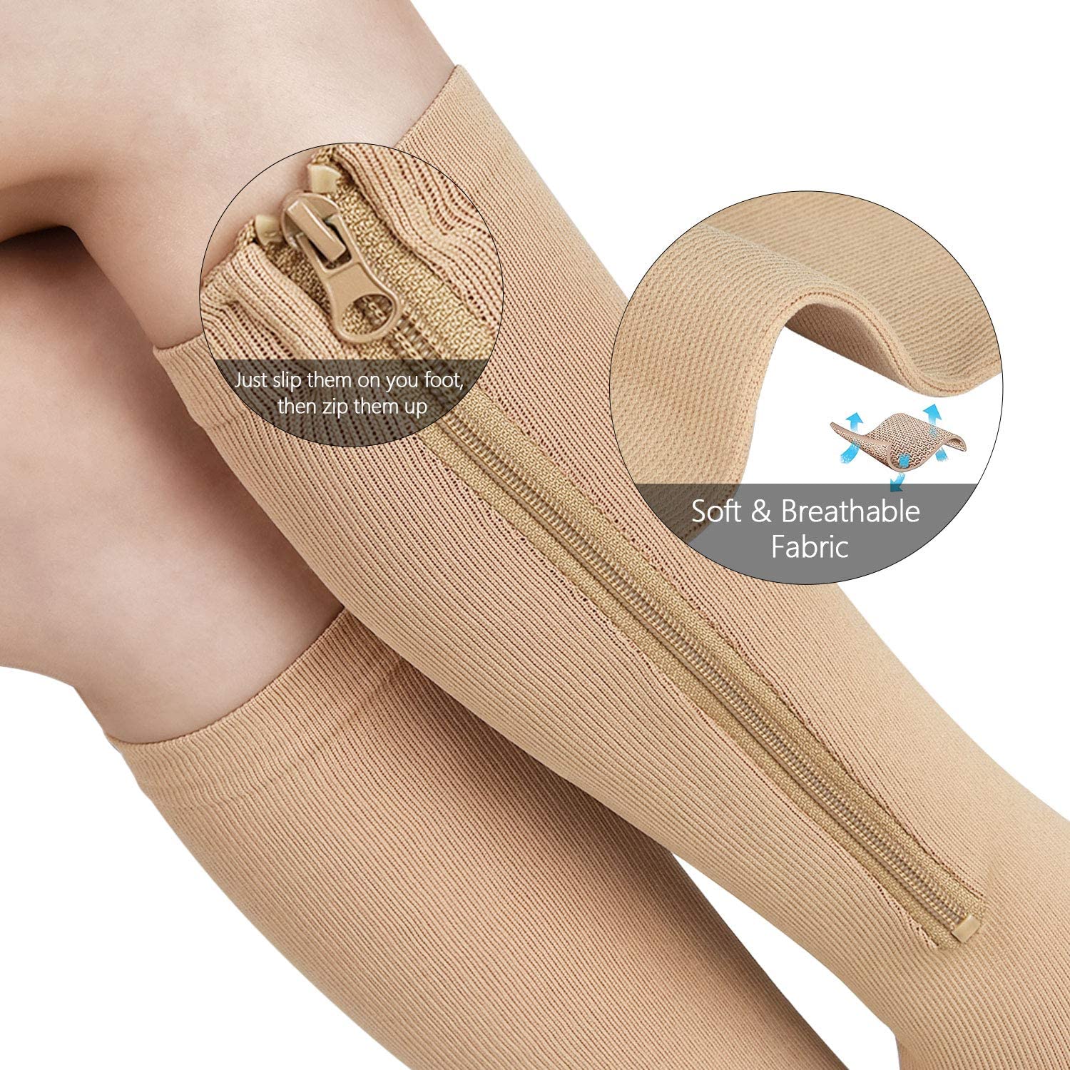 Open Toe Compression Socks for Men Women DVT Zipper Support Stockings  15-20mmHg